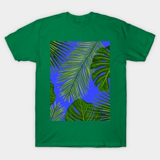 Monstera and Palm Leaves on Bright Blue T-Shirt